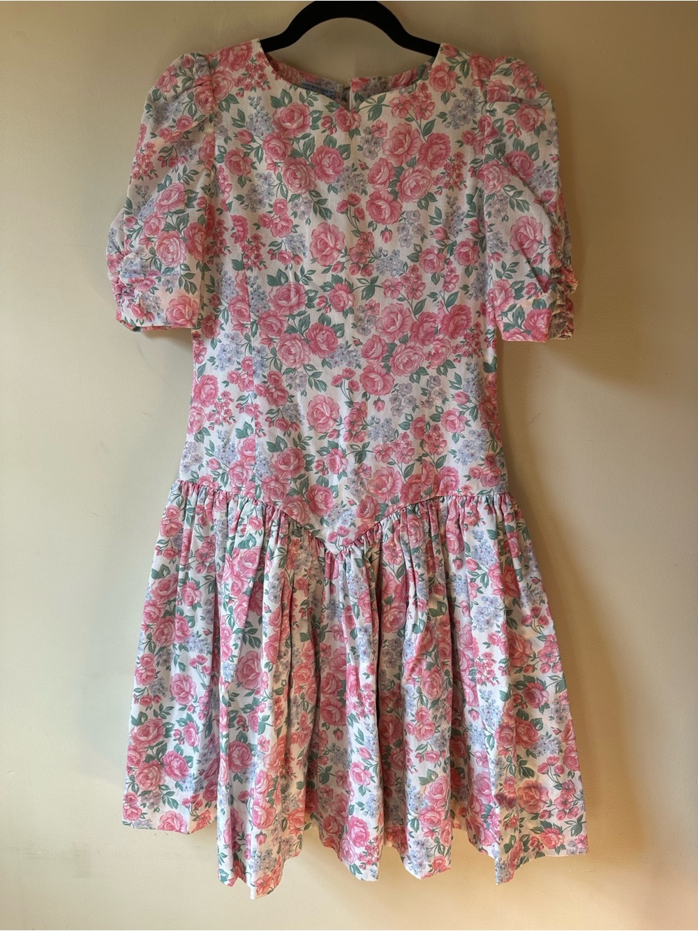 Vintage 80s Handmade By Grandma Floral Drop Waist Puff Sleeve Dress Prom Wedding